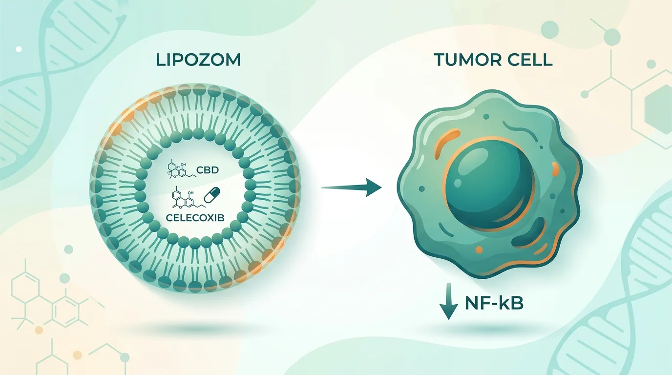 CBD ve celecoxib'i taşıyan bir lipozomun tümör hücresine ulaşıp NF-kB iltihap yolağını baskıladığını gösteren bilimsel bilgi grafiği
