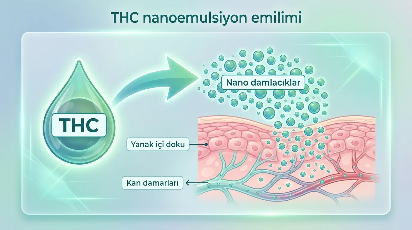 THC nanoemülsiyonun küçük damlacıklara bölünerek yanak içinden emilmesi kavramı